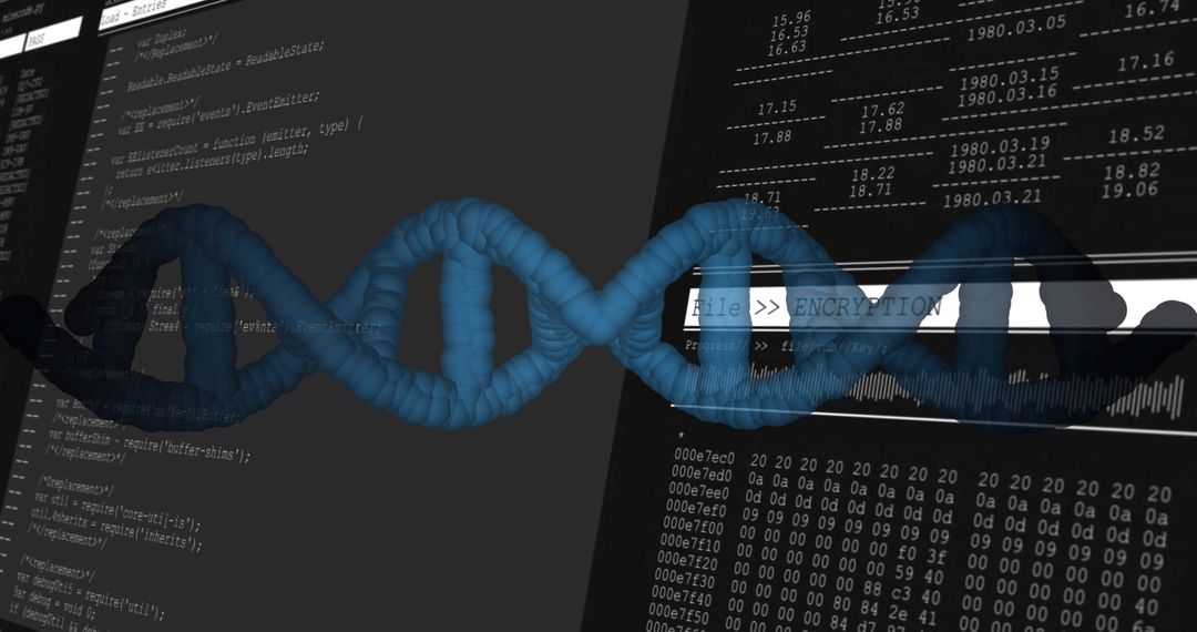 Deep Blue DNA Helix Overlaying Coding Interface and Hex Dump Representing Genome Encryption
