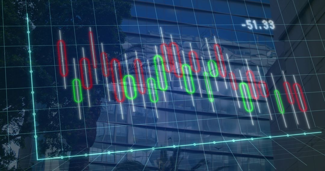 Cityscape with Financial Data Overlay Illustrating Stock Trends