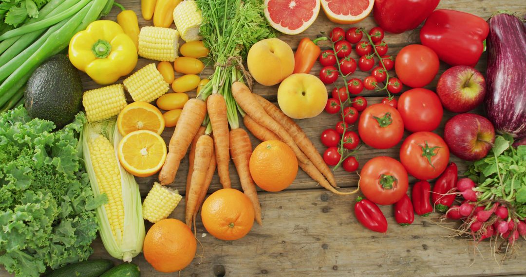 Image of fresh fruit and vegetables over wooden background - Free Images, Stock Photos and Pictures on Pikwizard.com
