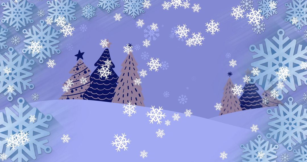 Festive Snowfall and Christmas Tree Illustrations on Blue