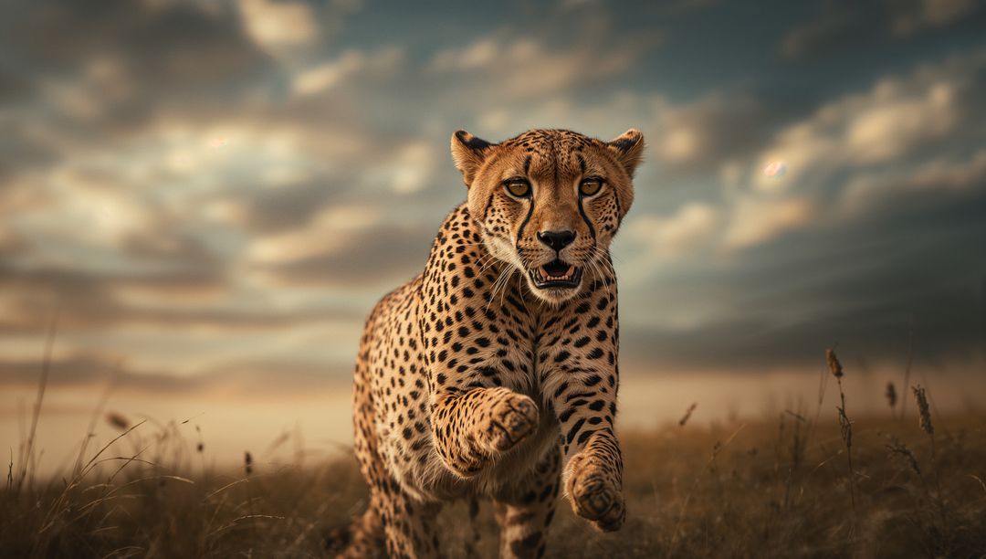 Sprinting Cheetah Across Savannah at Dawn
