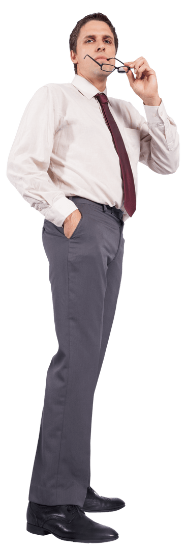 Contemplative Caucasian Businessman Holding Glasses on Transparent Background