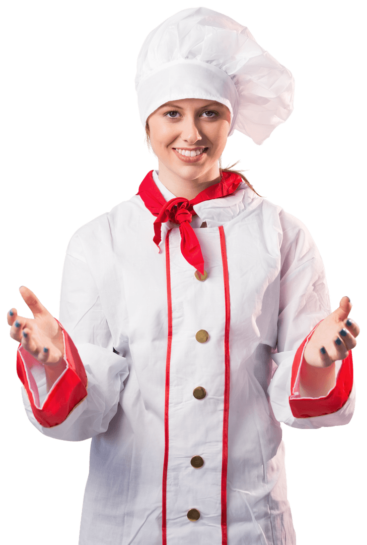 Friendly Female Chef in Professional Attire Offering a Warm Welcome Transparent