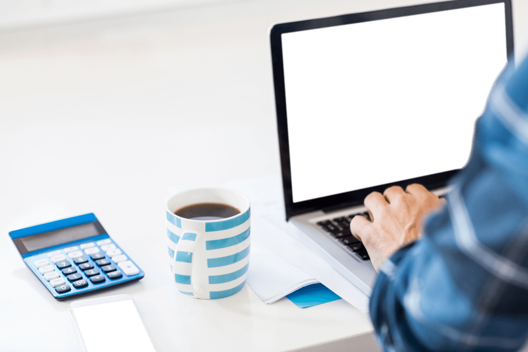 Transparent Screen Concept with Man Typing on Laptop Near Coffee
