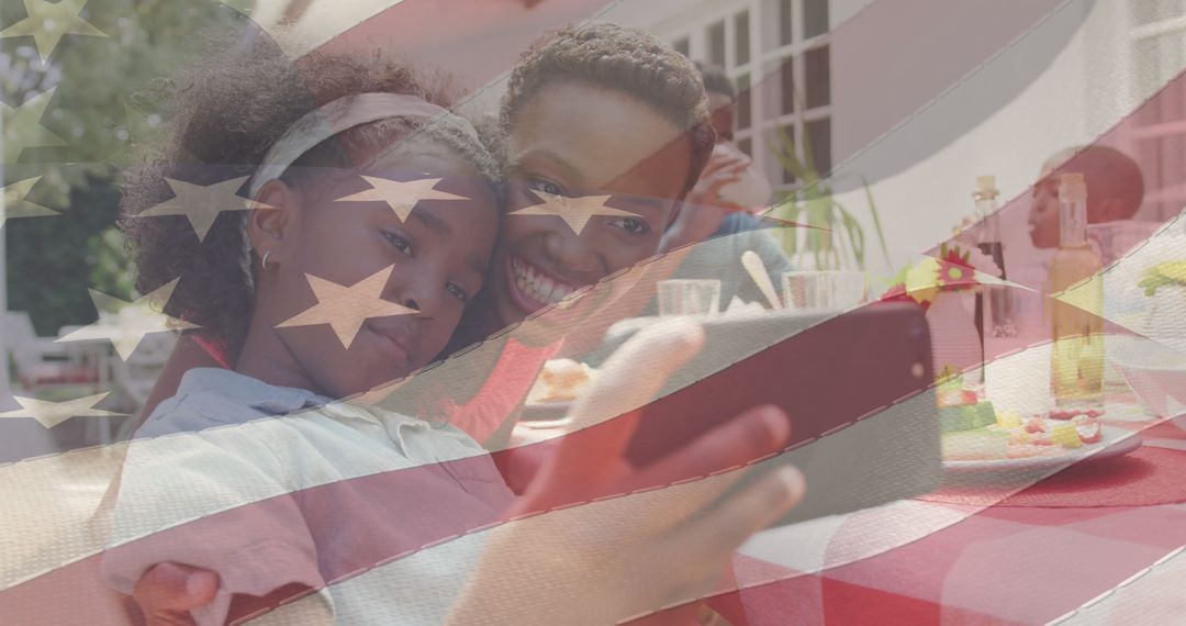 Mother and Daughter Taking Selfie with American Flag Overlay - Free Images, Stock Photos and Pictures on Pikwizard.com