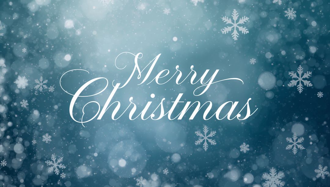 Merry Christmas cursive on teal bokeh background with snowflakes and sparkle