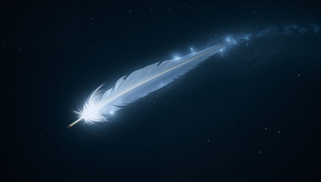 Glowing White Feather Gliding Through Starfield with Stardust Trail and Cosmic Glow