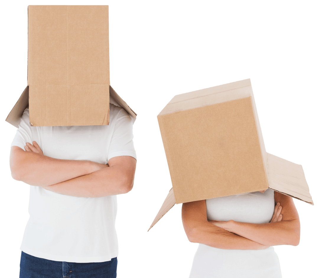 Mature Couple with Cardboard Boxes Over Heads, Transparent Background