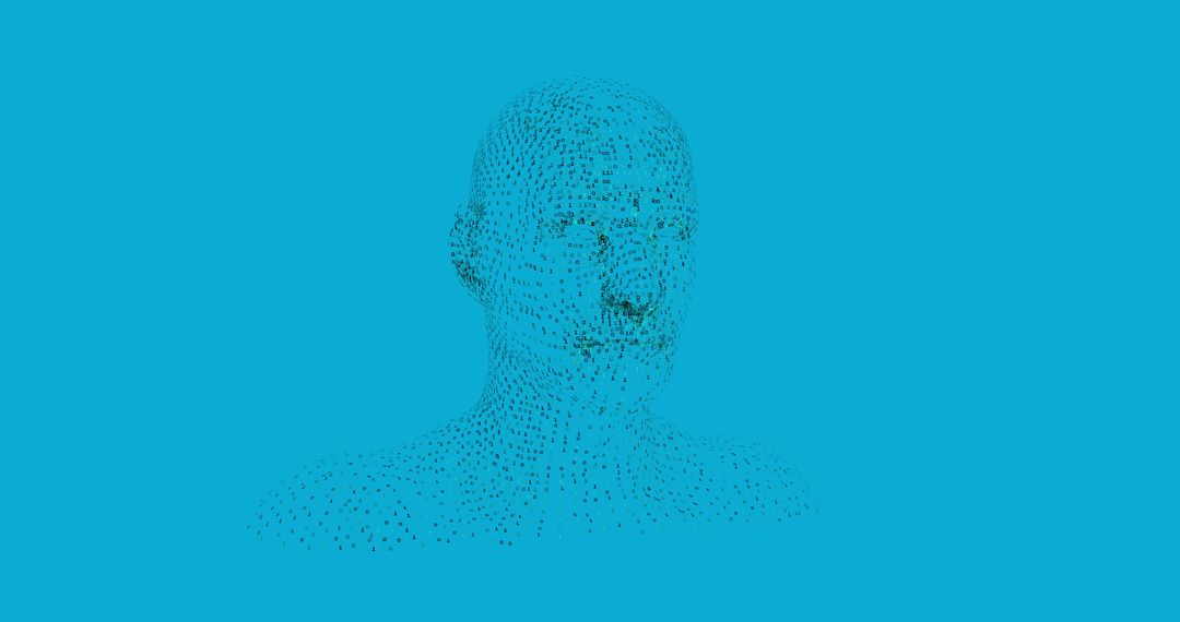 Abstract 3D Wireframe Head with Blue Point Cloud Design