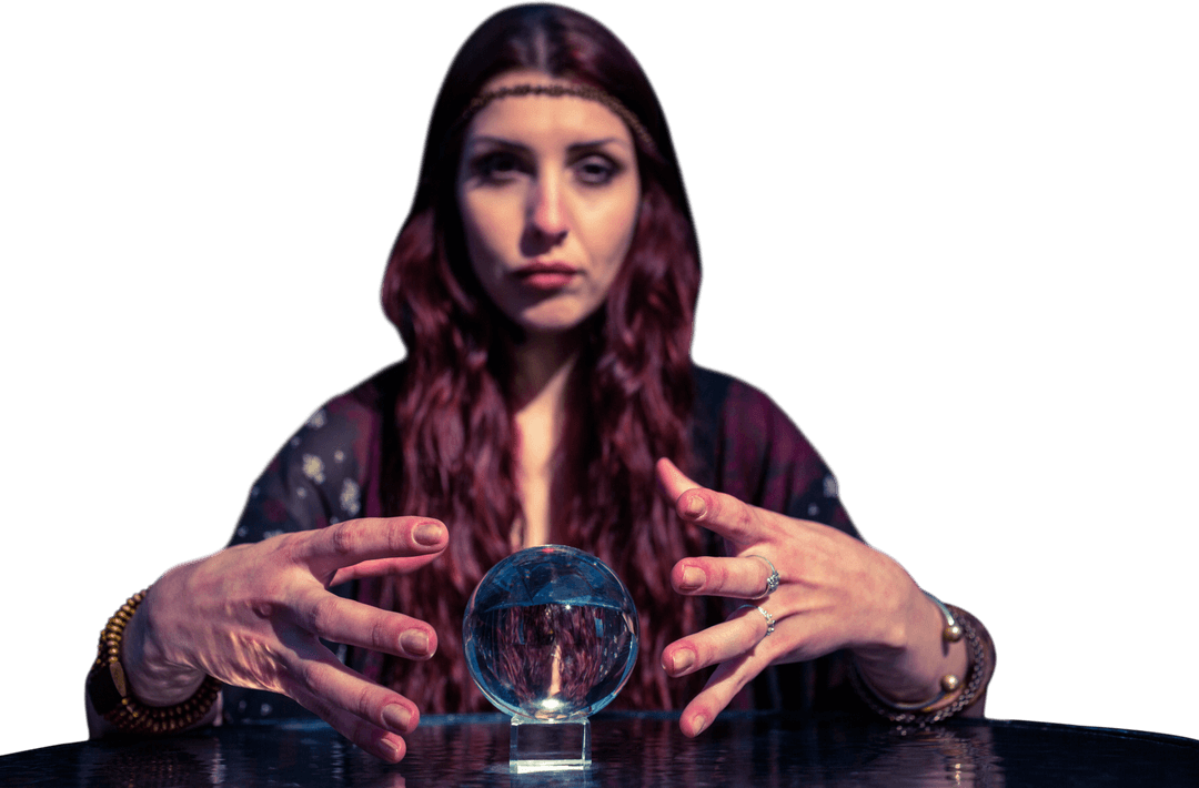 Transparent Fortune Teller Gazing at Crystal Ball with Concentration