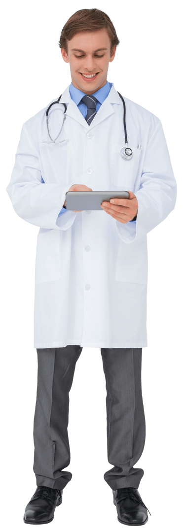 Transparent Young Doctor Medical Professional in White Lab Coat with Tablet
