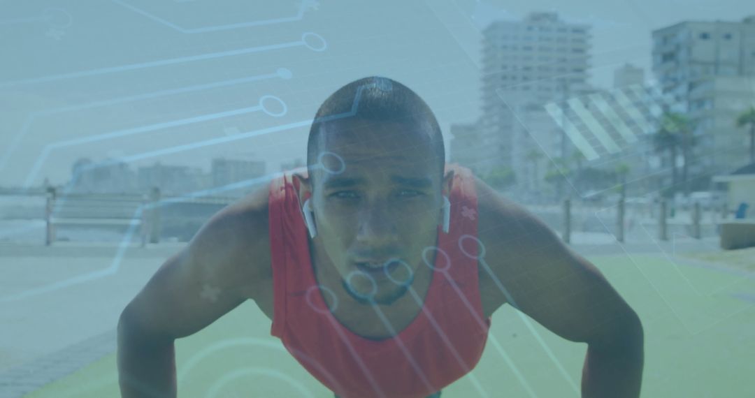 Man Exercising on Seaside Promenade Listening to Music