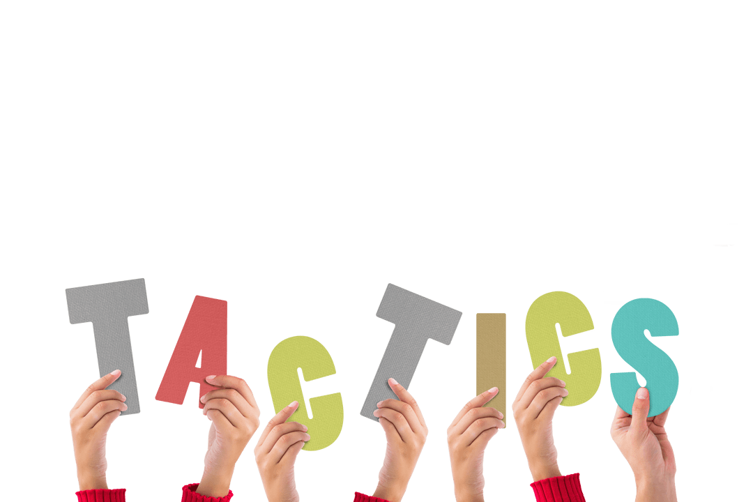 Hands Holding Colorful Tactics Text on Transparent Background