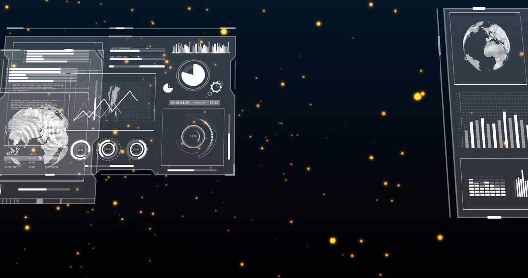 Futuristic Holographic HUD with 3D Globe, Analytics Charts, Gauges and Glowing Particles