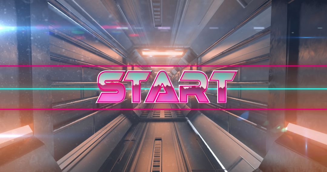 Retro Pixel Start Sign in Futuristic Sci-Fi Tunnel