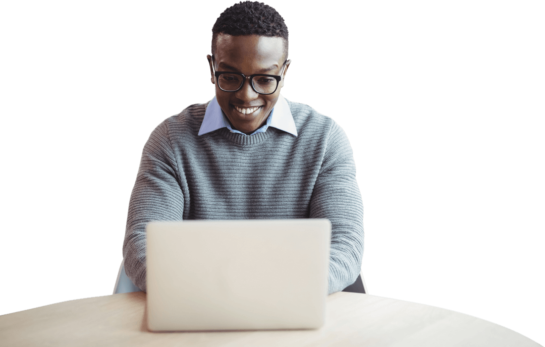 Smiling Professional Working on Transparent Background Laptop