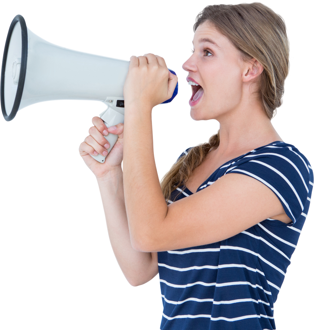 Transparent woman speaking through a loudspeaker sharing announcement - Download Free Stock Images Pikwizard.com