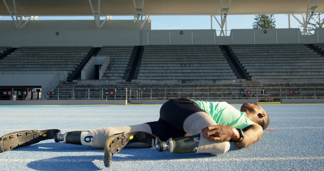 Athlete with Prosthetics Stretching on Track at Stadium - Free Images, Stock Photos and Pictures on Pikwizard.com