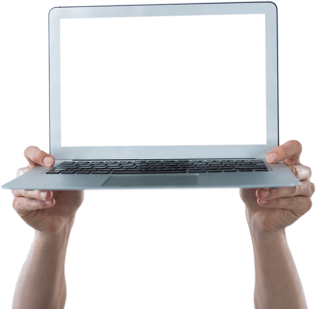 Transparent Screen Laptop Held by Hands in Air