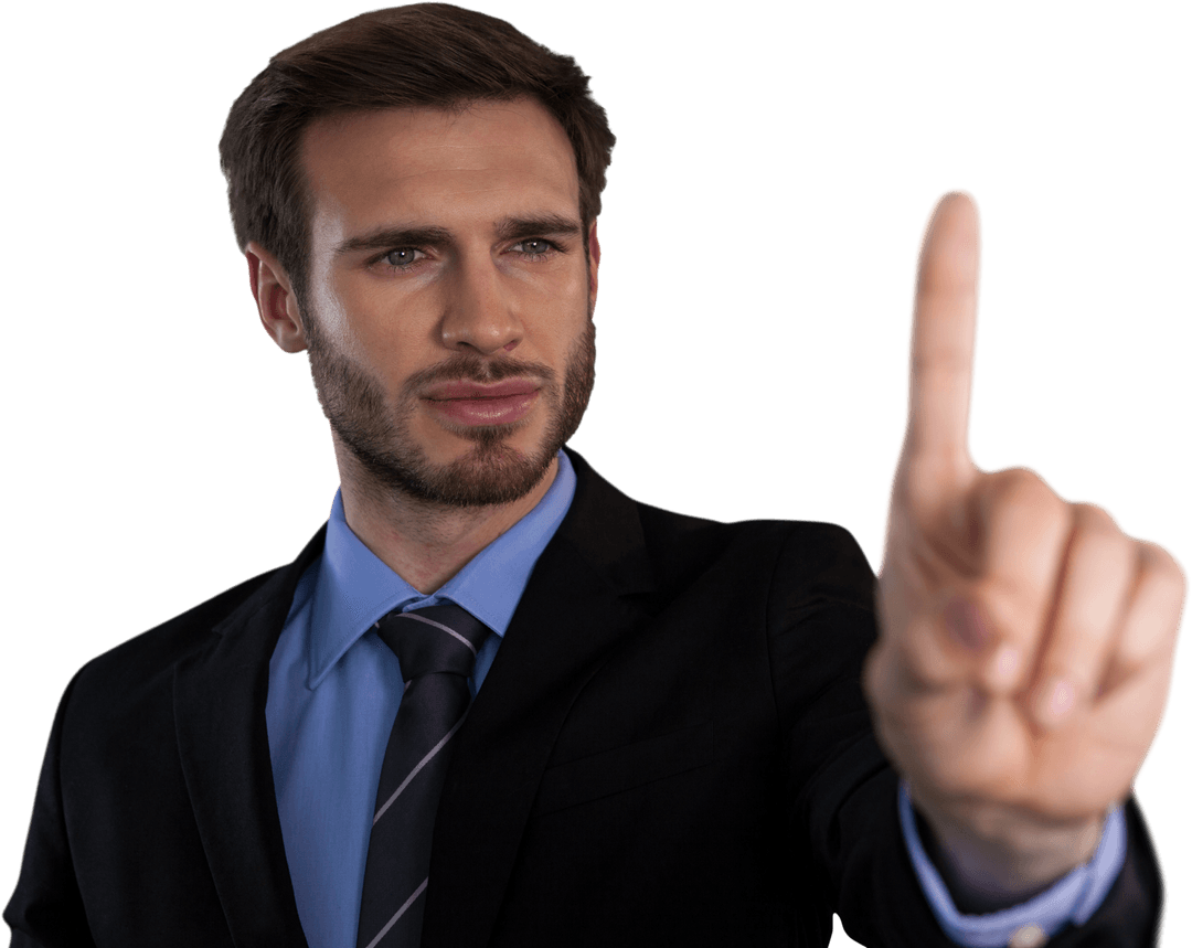 Transparent businessman engaging with virtual touch interface