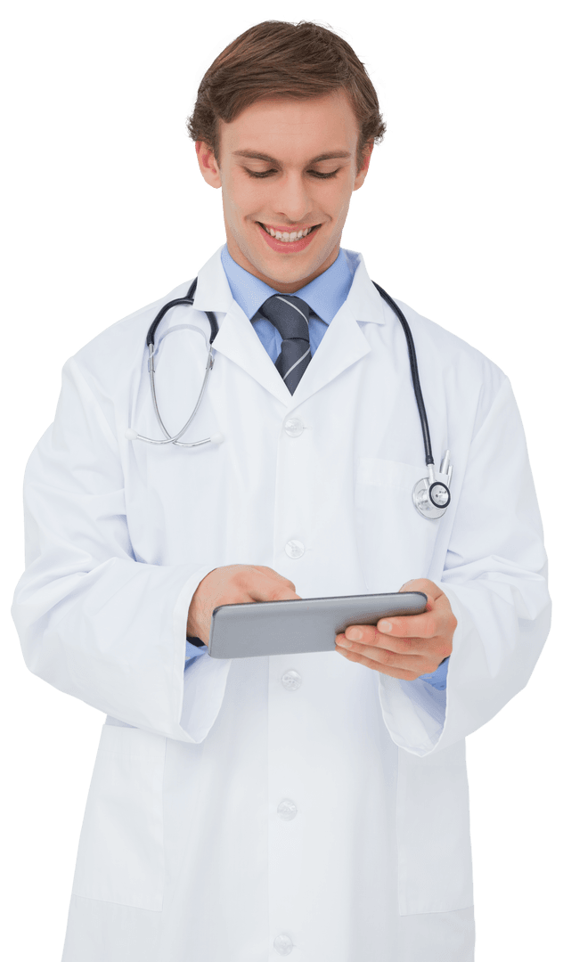 Young Doctor in White Coat Using Transparent Tablet
