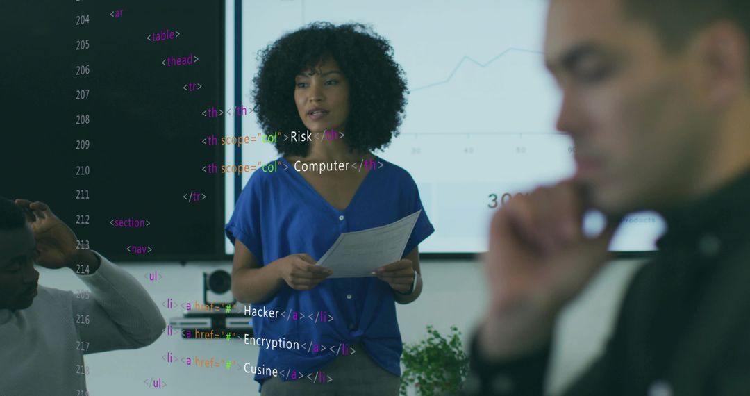 Professional Team Presenting with Digital Code Overlay in Modern Office