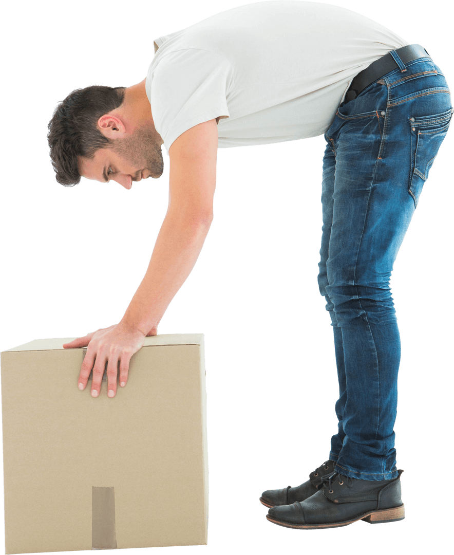 Caucasian Man Bending to Pick Up Box on Transparent Background