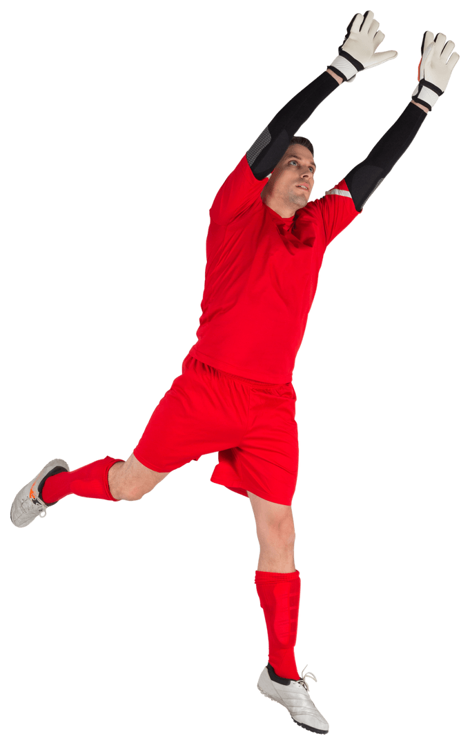 Goalkeeper in Red Soccer Kit Stretching on Transparent Background