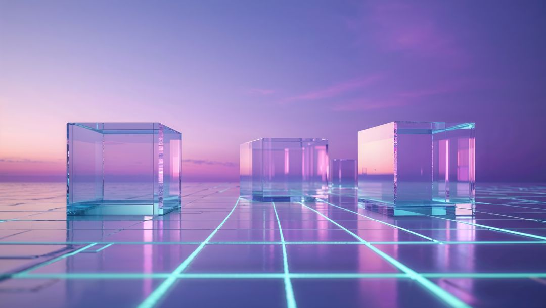 Futuristic Glass Cubes on Cyan Grid Surface