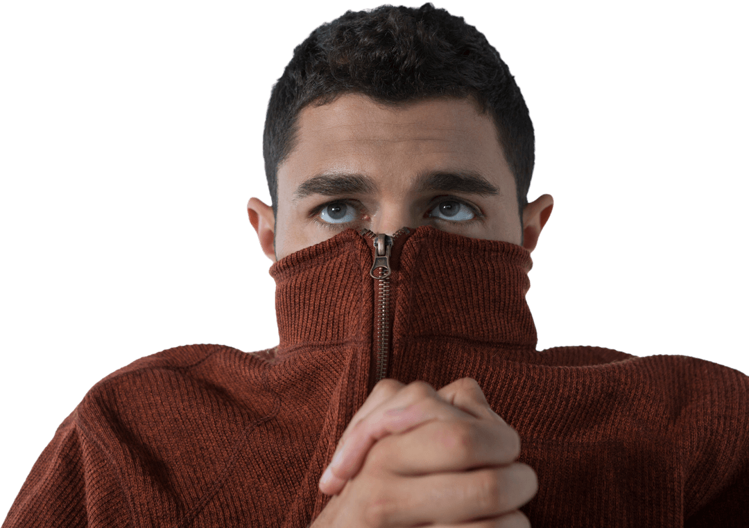 Transparent Image of Young Man Shivering in Cozy Sweater