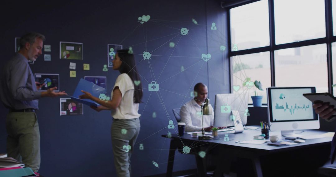 Office Team Collaborating with Digital Network Icons