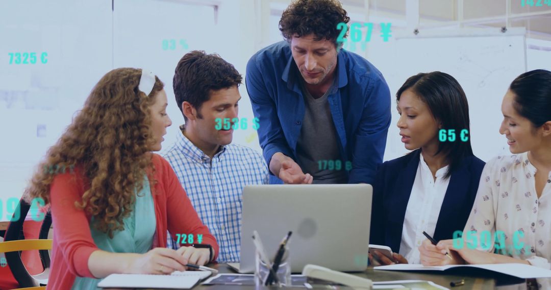 Diverse Team Analyzing Data with Digital Overlay Interface