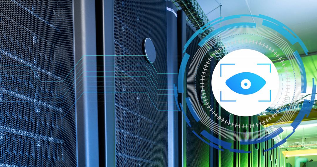 Server Room with Digital Eye Icon for Data Security Analysis