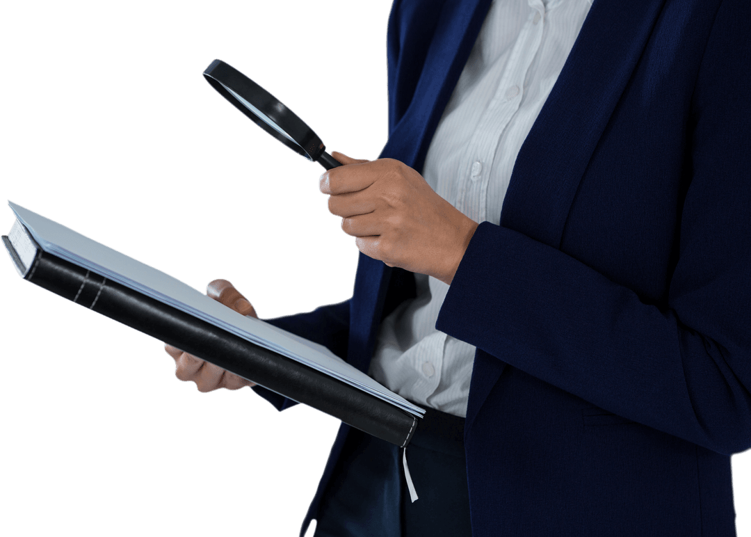Transparent Businesswoman Using Magnifying Glass on Documents