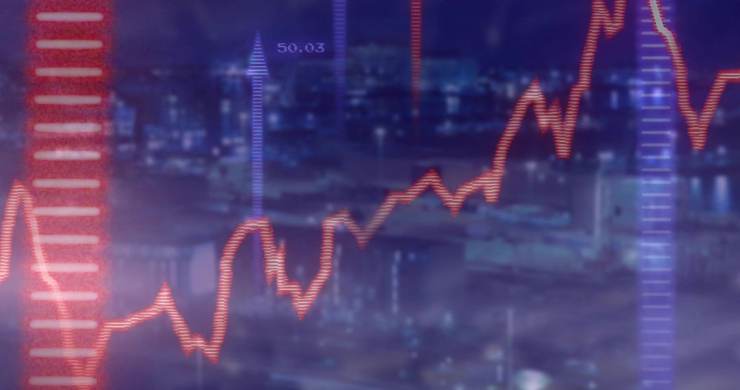 Futuristic Financial Data Overlay on Nighttime Cityscape