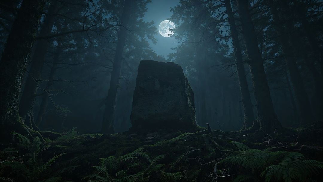 Mystical Forest Clearing under Moonlit Sky