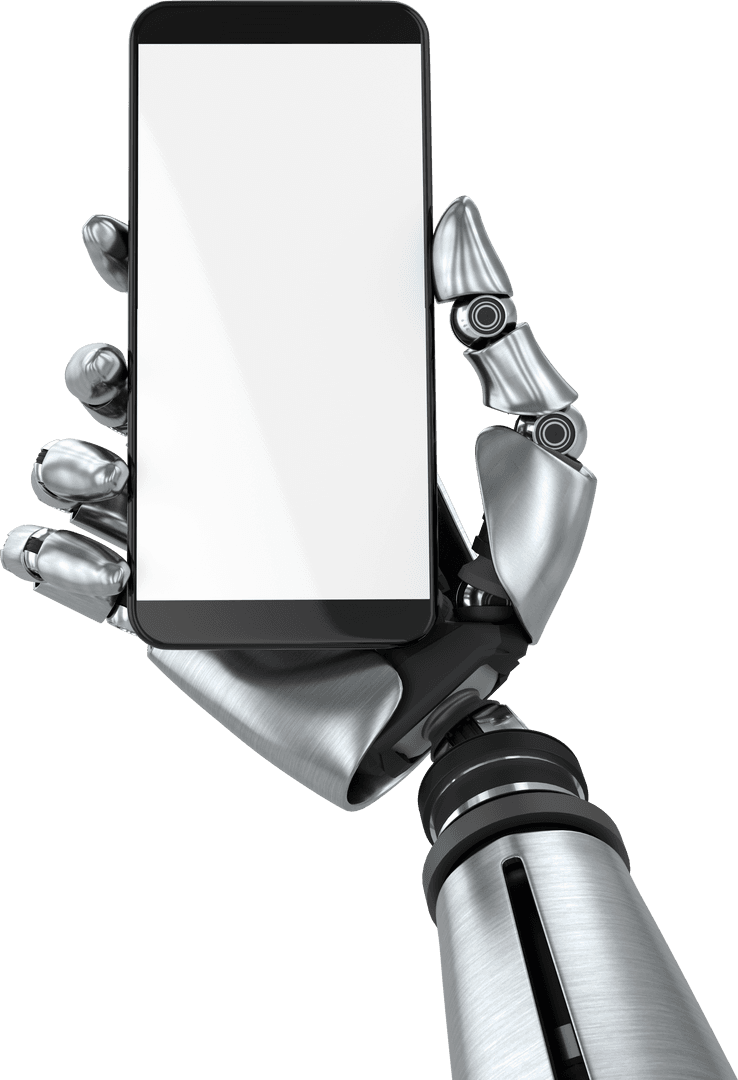 Robotic Hand Artfully Holding Smartphone on Transparent Background