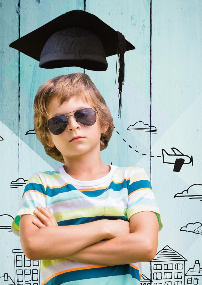 Confident Boy with Sunglasses and Mortarboard with Doodle Background - Free Images, Stock Photos and Pictures on Pikwizard.com