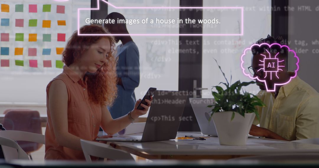 Businesswoman Interacting with AI in Modern Office Setting