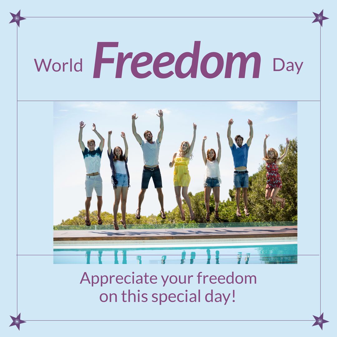 Image of freedom day over happy diverse friends jumping with joy at swimming pool - Download Free Stock Templates Pikwizard.com