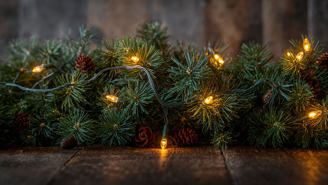 Glowing Pine Garland on Rustic Wooden Table with Warm Amber Mini Lights