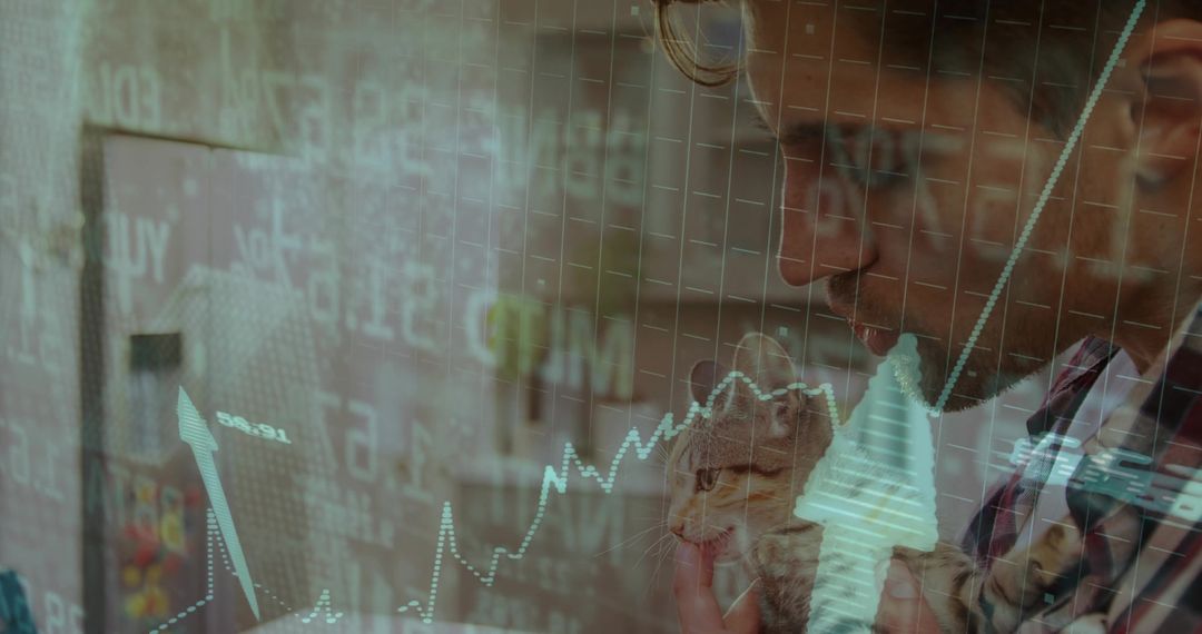 Business Professional with Kitten and Digital Stock Market Chart Overlay
