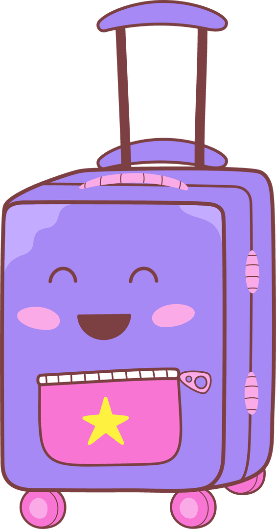 Smiling Purple Cartoon Suitcase on Transparent Background