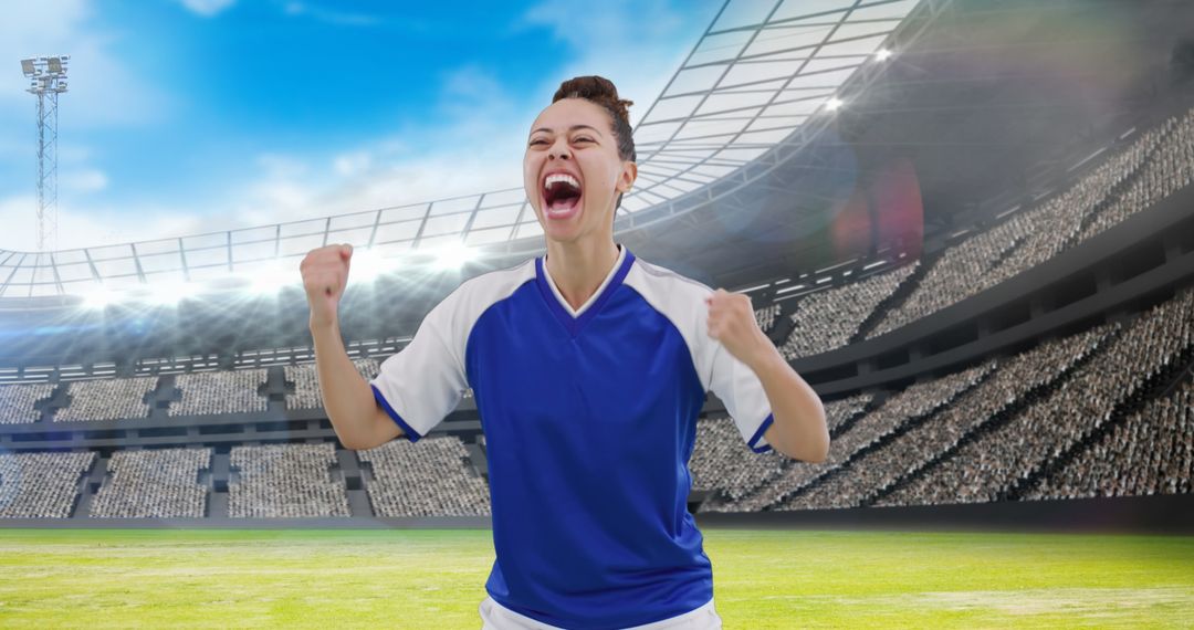 Excited Female Soccer Player Cheering in Stadium