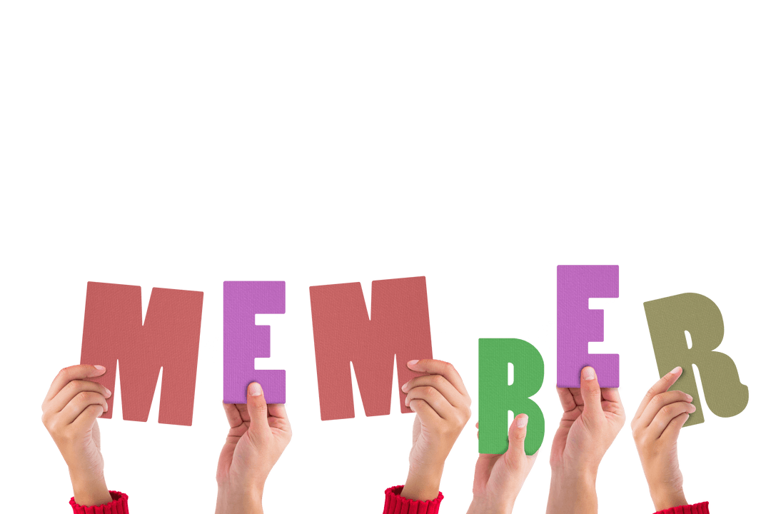 Hands Holding Colorful Letters Forming 'MEMBER' on Transparent Background