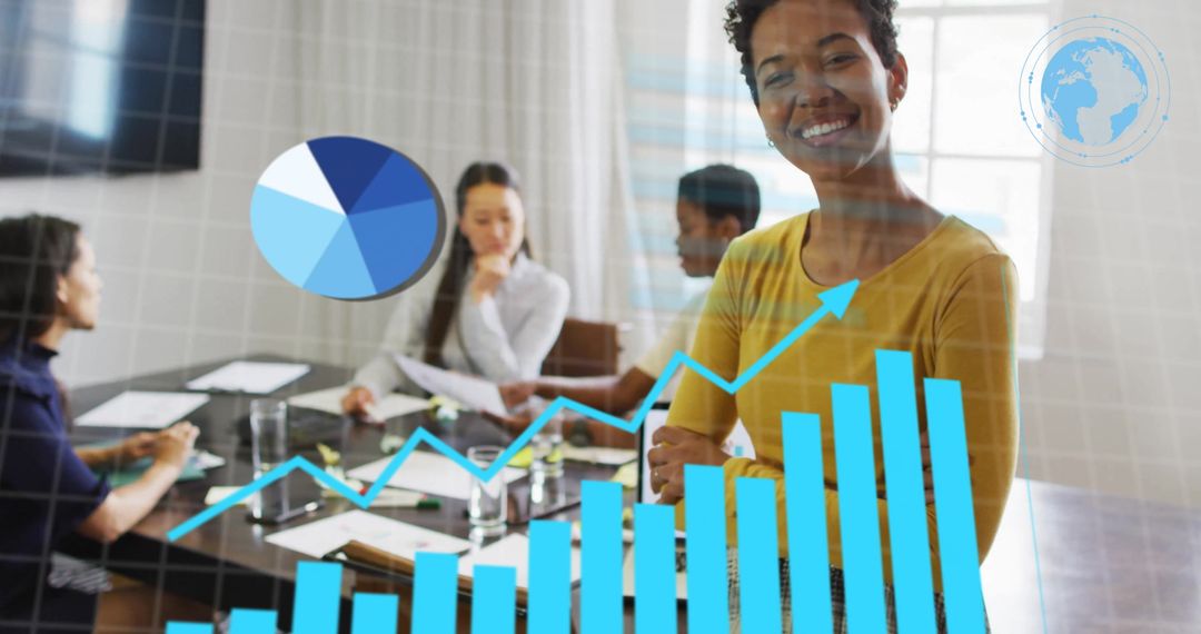 Diverse Team Analyzing Financial Data with Innovative Graph Overlays