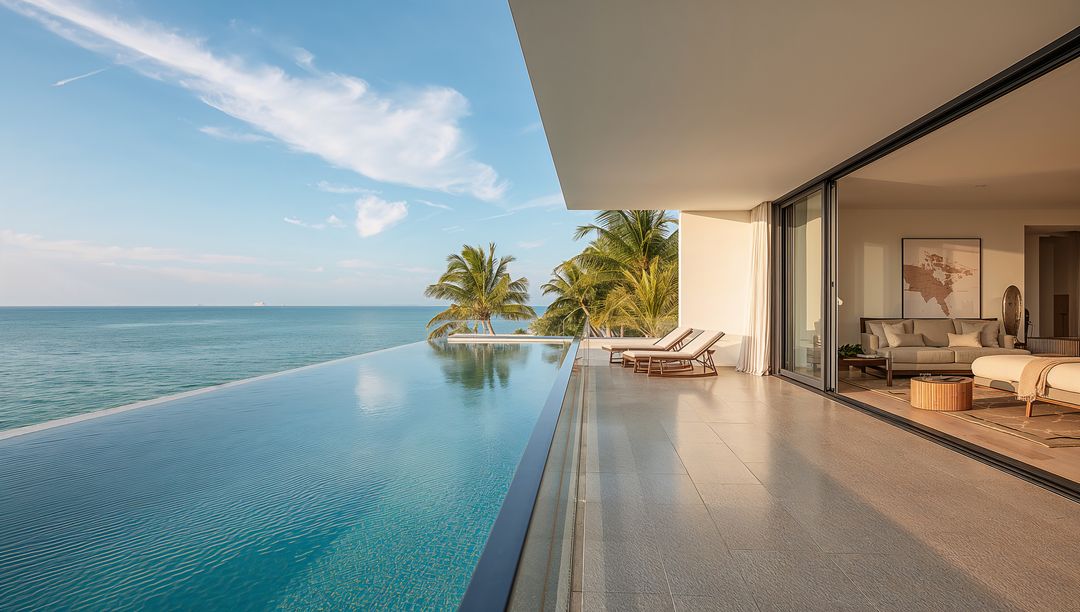 Infinity Pool Merging with Ocean on Beachfront Terrace Featuring Modern Luxury Villa