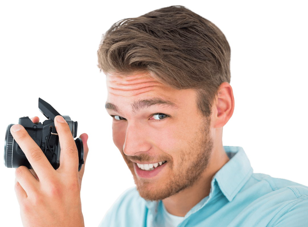 Transparent Smiling Man Holding Digital Camera