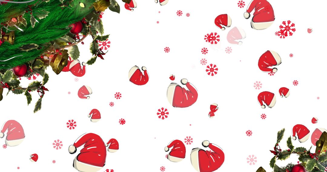 Festive Christmas Background with Santa Hats and Snowflakes