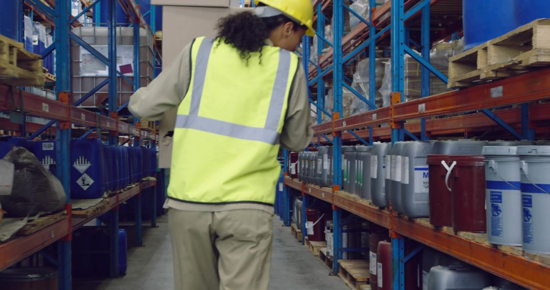 Warehouse worker walking aisle wearing hi-vis vest and hard hat near labeled drums